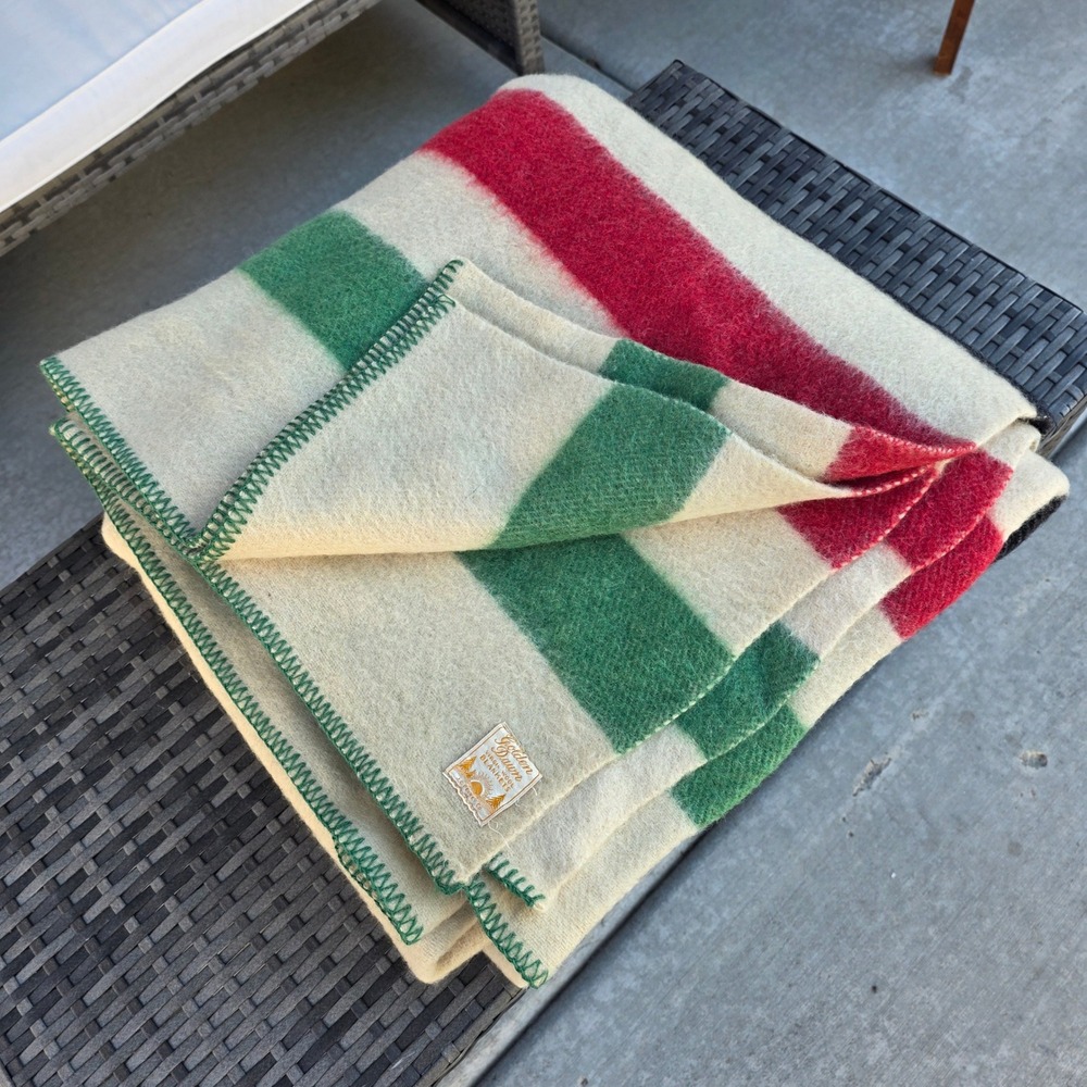 Vintage 60s Golden Dawn Virgin Wool Large Blanket JCPenney Striped Cream